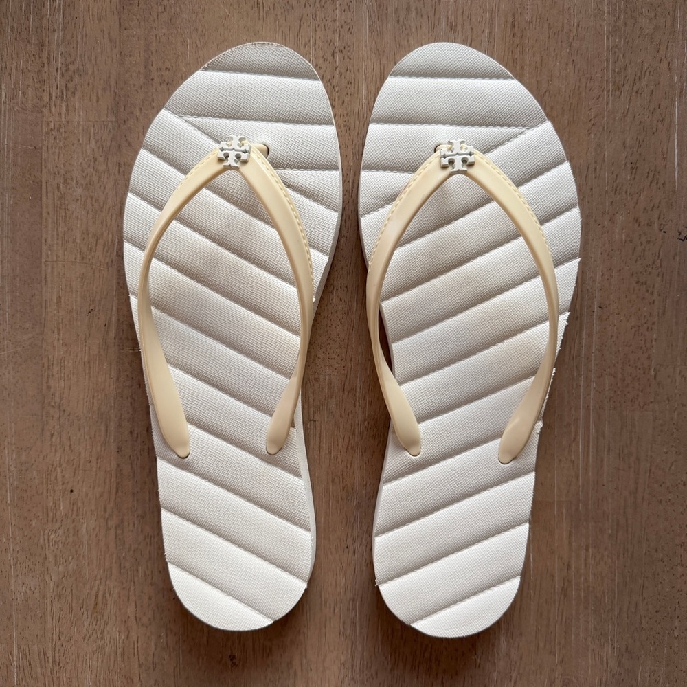 Tory Burch Cream and Pale Yellow Quilted Flip Flop Sandals